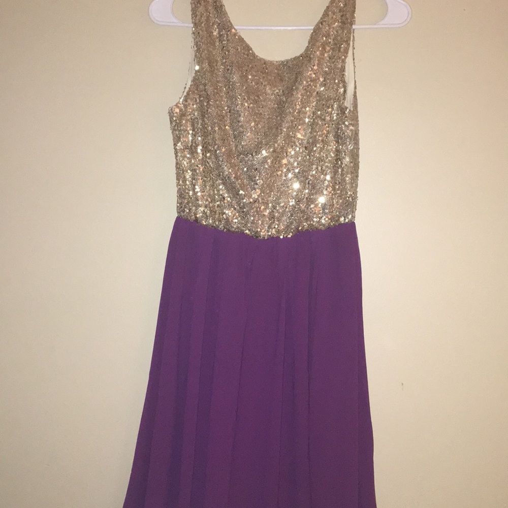 FRANCESCAS gold and purple hoco dress